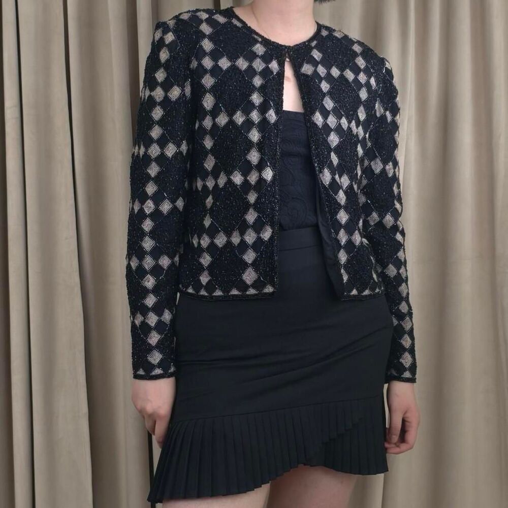 Vintage Black & Silver Beaded Evening Jacket with a Diamond Pattern
